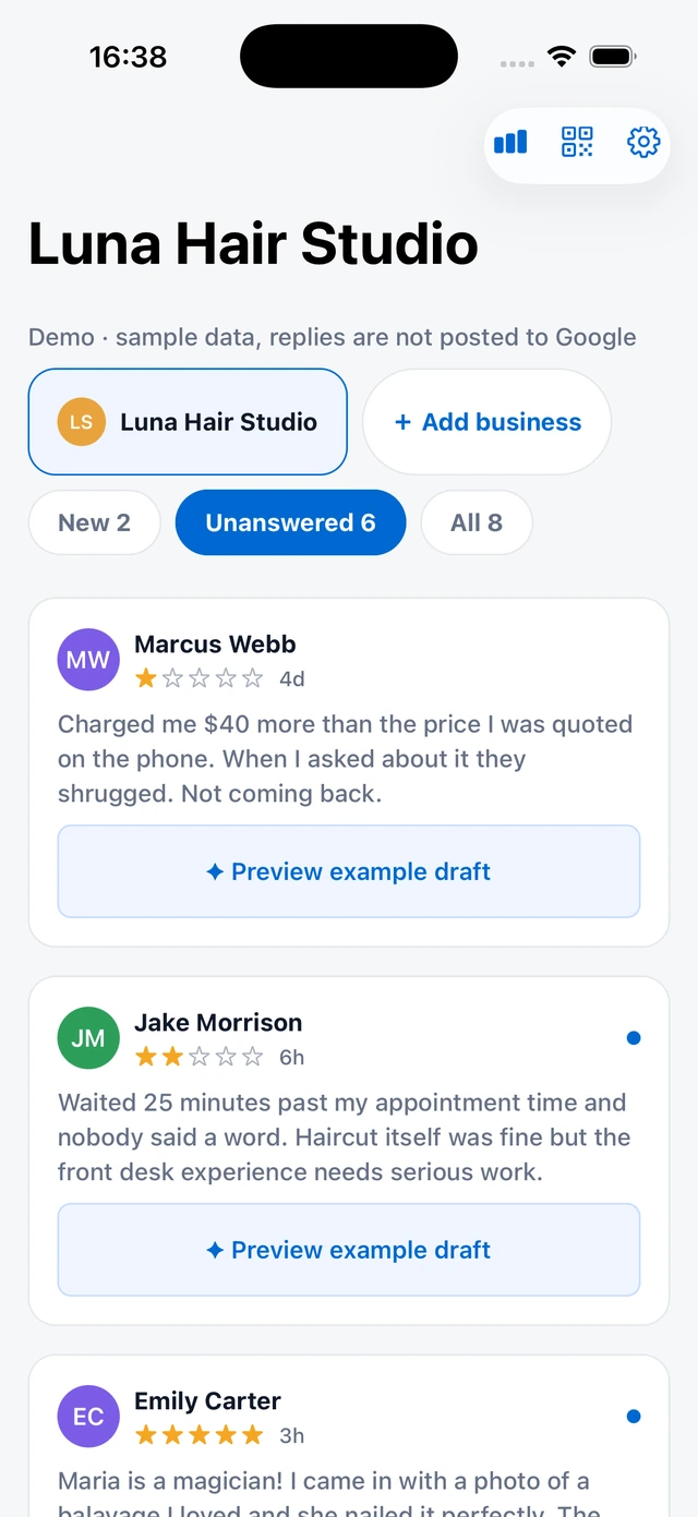The Replyo demo inbox for Luna Hair Studio with clearly labelled sample reviews and example draft buttons.