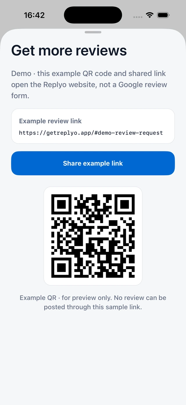 The Replyo demo review-request screen, showing an explicitly labelled example link and QR code.