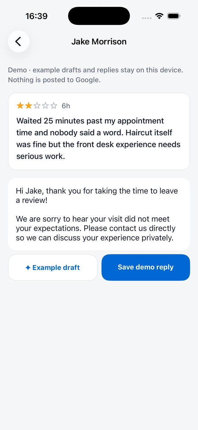 A two-star demo review from Jake Morrison with an editable example draft and Save demo reply button.